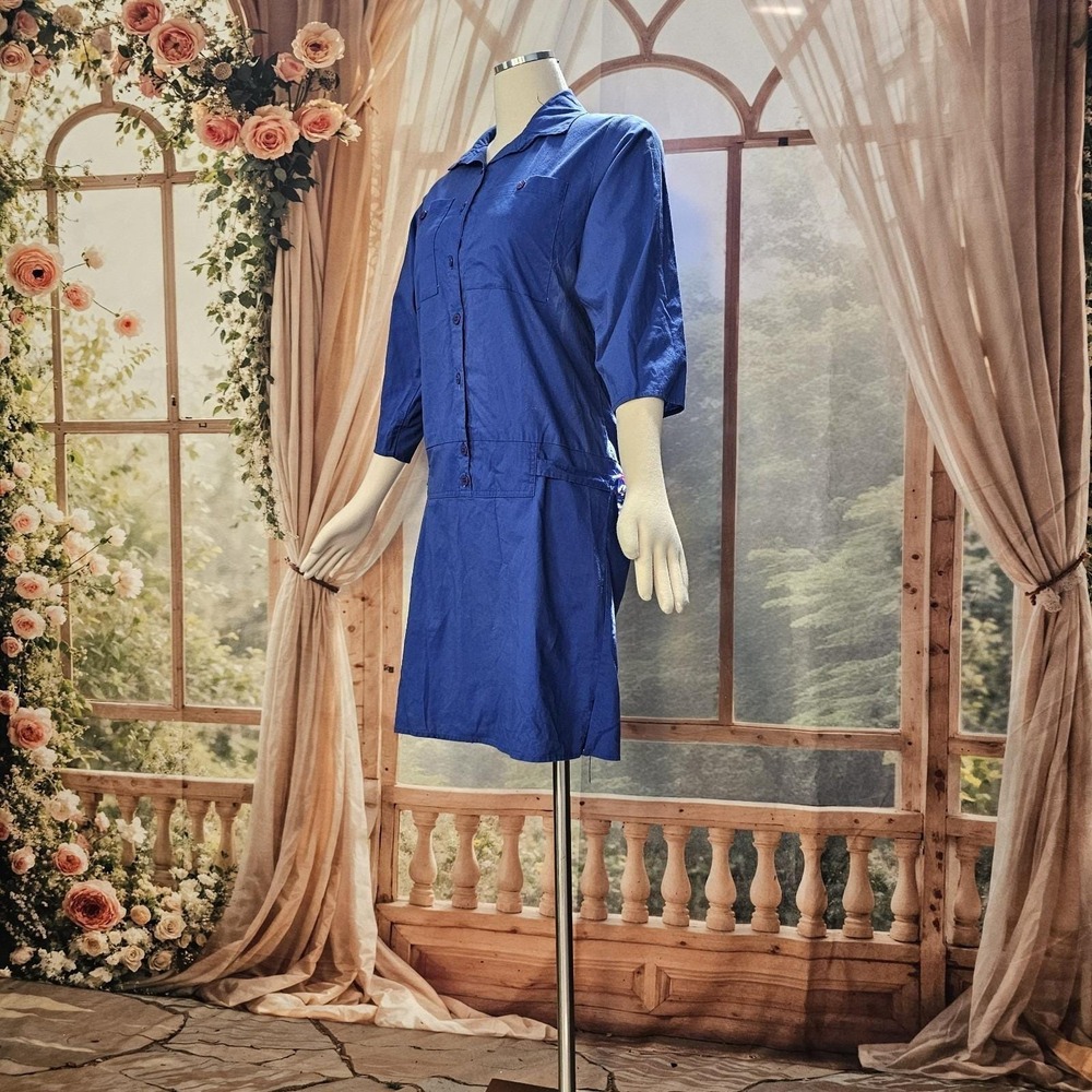 Vintage 1980s Dress Royal Blue Drop Waist Long Sleeve Button Down Collared - Picture 8 of 16
